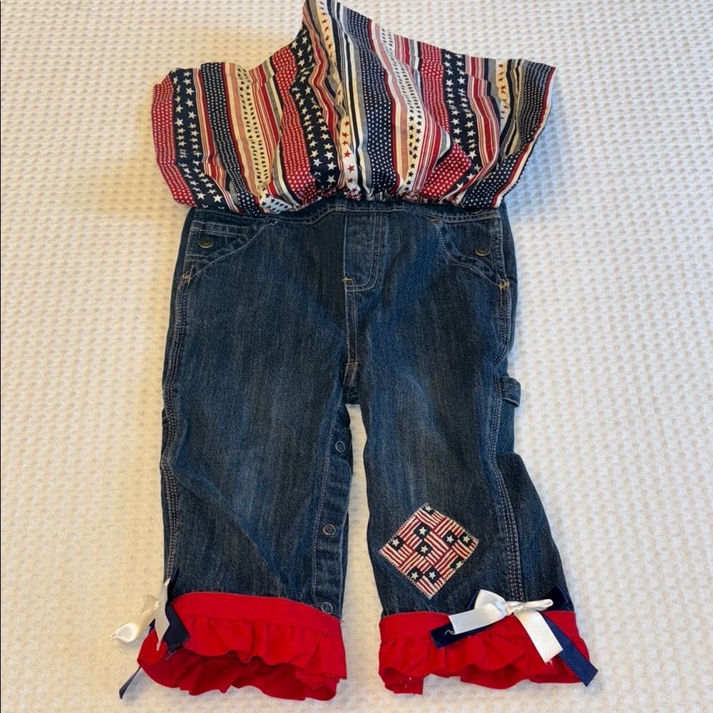 BABY GAP Red White Blue Denim Overalls Patriotic Stars Stripes Bib Skirt Ruffles - Picture 7 of 16